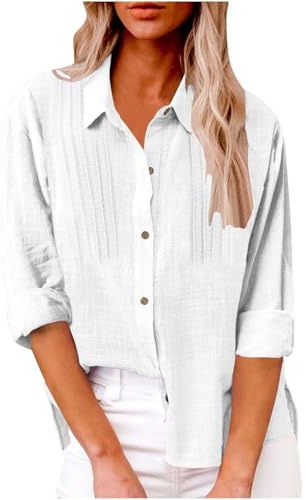 Camicetta da donna in flanella, alla moda, a maniche lunghe, in tinta unita, elegante, bianco, M