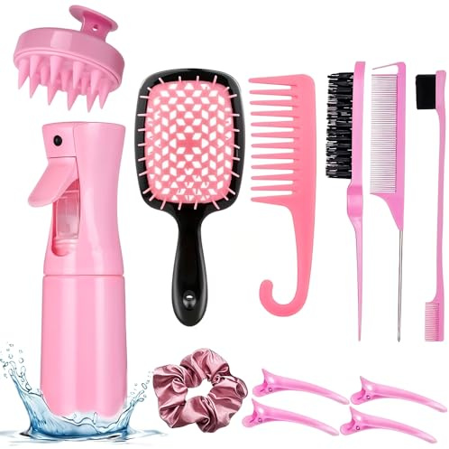 12Pcs Hair Comb & Detangling Brush Set for Women | Curly Hair Styling Kit with Spray Bottle & Sectioning Clips | Professional Salon Hair Tools - 36** (Pink)
