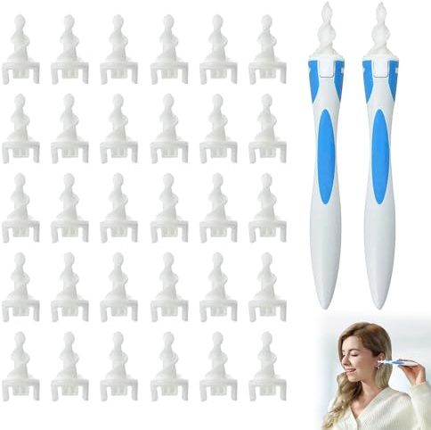 32PCS Q Grips Ear Wax Cleaners, Ear Wax Remover, Ear Wax Removal Tool with 30PCS Soft Silicone Washable Tips, Safe Ear Cleaner, Spiral Earwax Removal Cleaning Kit for Adults Kids