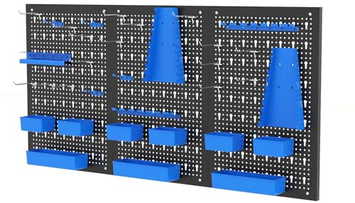 TANGZON Pegboard Organizer Kit, Wall-Mounted Metal Tool Rack with 3 Pegboards & Hanging Accessories, Multifunctional Tool Storage Holder for Warehouse Workshop Garage (Black+Blue, 34PCS Accessories)