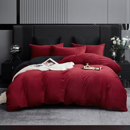 Gezu Housse de Couette Hiver 220x240 Chaude Flanelle Toucher Cashmere Polaire Parure de Lit en Velours Vin Rouge Noir Doux avec Fermeture Éclair, Linge de Lit 2 Personnes avec 2 Taies d'oreiller 65x65