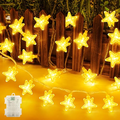 Lichterketten Sterne Außen 5M 30LED Lichterkette mit 6h Timer Warmweiß | Lichterkette batteriebetriebene, IP65 Wasserdicht Lichterkette für Weihnachtsbeleuchtung, Party, Garten, Weihnachten Deko