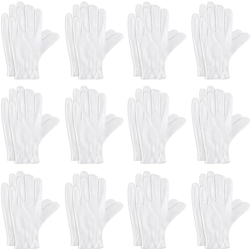 iPobie 12 Pares de Guantes de algodón,cómodos Transpirables y multifuncionales Blanco Guante,para Manos secas,Eczema,Belleza,Monedas,Trabajo Diario y reparación de Autos
