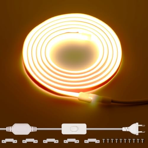 220V Ruban LED COB Exterieur Etanche 2M, 288 Leds/m Strip Blanc Chaud 3000K sans Transformateur, Flexible Découpable Bande LED avec interrupteur IP65 pour la décoration intérieure, Chambre, la cuisine | 288 LED/m, bande lumineuse haute densité pour décoration de jardin, cuisine, chambre à coucher, sans bloc d'alimentation