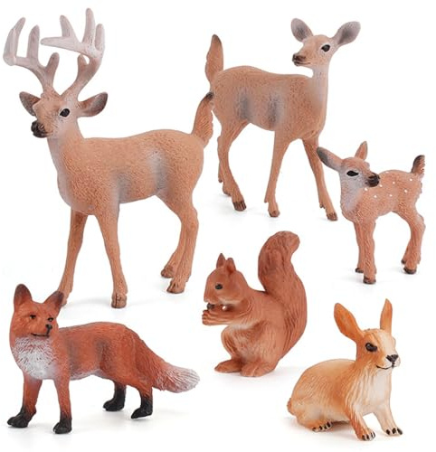 Zetqhuu Waldtiere Figuren, 6-teilige Realistische Tierfiguren, Kunststoff Dschungeltiere Spielzeug-Set Mit Hirsch, Kaninchen, Fuchs, Biber, Eichhörnchen, Ziege