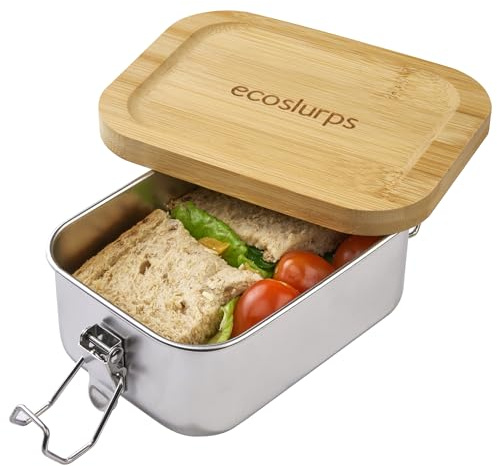 EcoSlurps Small Stainless Steel Lunchbox & leakproof Bamboo Lid - British design using 70% Recycled 304 Food-Grade Steel and clips. Plastic-Free, British lunch Bento Box Kids & Adults (1, 550ml)