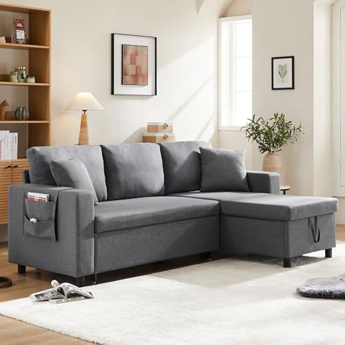 HMHKHN L Couch mit Schlaffunktion, Schlafsofa mit Bettkasten, Sofa-Chaiselongue mit Stauraum und Taschenaufbewahrung, Wohnlandschaft, Links und Rechts Austauschbare Chaiselongue(Dunkelgrau)
