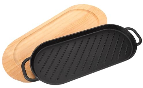 KONTONTY Plato para Parrilla de Hierro Fundido con Base de Madera, Sartén para Bistec Ondulado, Doble Asa, Tamaño 37,5 X 16 Cm, Adecuado para Barbacoa y Servir en Hogar o Restaurante