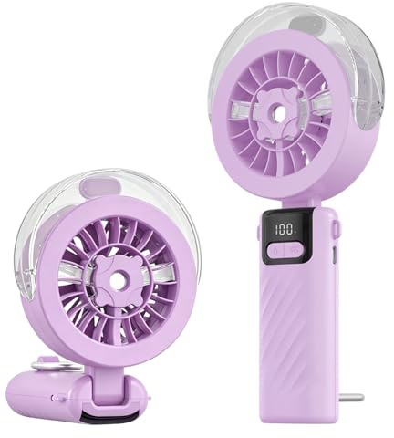 Homirty Ventilador de Mano USB Recargable, Mini Plegable con 5 Velocidades y Pantalla LED, Ventilador de Mesa con Nebulizador de Agua para Oficina, Hogar, Viajes, Verano (Púrpura)