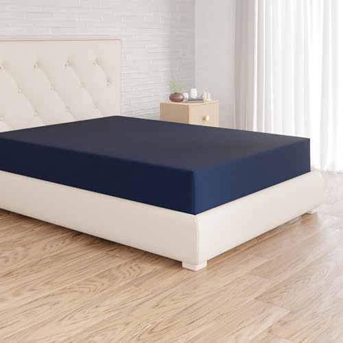 Amazon Basics Sabana Bajera Ajustable, 160 x 200 x 30 cm, de Poliéster Microfibra, Azul Marino