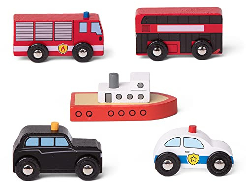 Bigjigs Rail Stadtfahrzeuge-Set, 5-teiliges Holzspielzeug Londoner Verkehrsmittel