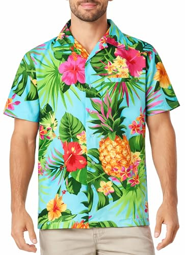 King Kameha Funky Hawaii-skjorta för män, kortärmad, frontficka, Hawaii-tryck, ananas, palmer och blommor, Turkos, 6XL