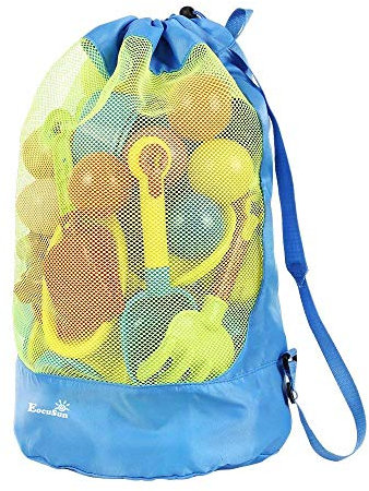 Strandspielzeug Tasche Strandtasche Mesh Beach Bag EocuSun für Sandspielzeug Wasserspielzeug Rücksack Beutel für kleinkind Kinder Jungen Mädchen Badetasche XL groß für Familie Urlaub (blue)