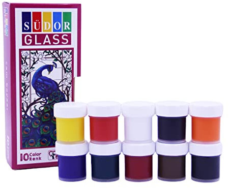 SÜDOR Glass Color SD322S, Glasfarben-Set, 10 Farben je 20 ml (in neuen Flaschen) Glasmalfarben auf Wasserbasis, Glasmalerei zur dekorativen Gestaltung