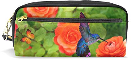Eslifey Kolibri und Rote Rosen tragbare Tasche PU Leder Schulstifteetui, Stifteetui, wasserfest, Kosmetiktasche, Make-up-Koffer