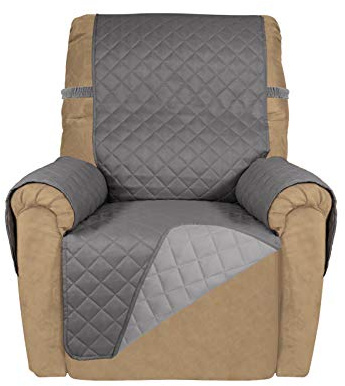 PureFit Reversible Quilted Sofa Cover, Water Resistant Slipcover Furniture Protector, Washable Couch Cover with Non Slip and Elastic Straps for Kids, Dogs, Pets (Small Recliner, Gray/Light Gray)
