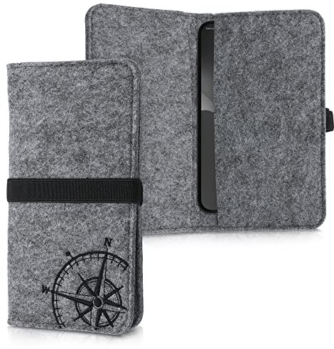 kwmobile Filz Tasche für Smartphones - mit Gummiband - Handy Filztasche Schutztasche Kompass Vintage Schwarz Hellgrau - 16,0 x 8,0 cm Innenmaße