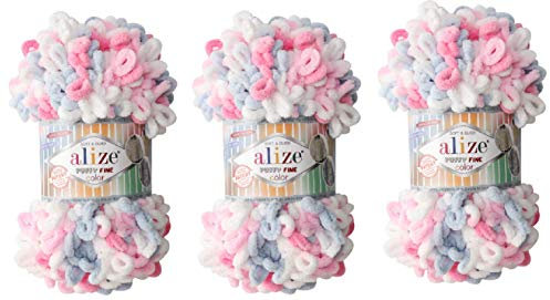 Alize Puffy Fine Color Baby Blanket Yarn Lot of 3skn 300gr 48yds 100% Micropolyester Soft Yarn Hand Knitting Yarn Super Chunky Bulky Woven Worested Yarn (5945)