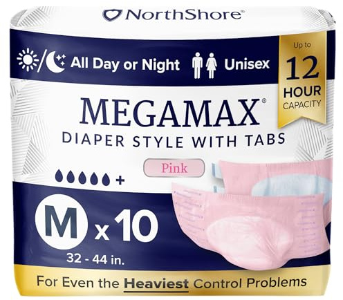 NorthShore MegaMax 12-Hour HBL Adult Diapers for Heavy Bladder Leaks, Medium, 10 Count, Pink, 32-44 inches, Tab-Style Incontinence Underwear for Men, Women & Teens
