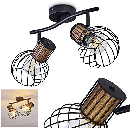 HOFSTEIN Deckenleuchte Koler, verstellbare Deckenlampe aus Metall in Schwarz/Holzoptik, moderne Leuchte im Retro/Vintage-Design, Lichteffekt durch Gitter-Optik, 2 x E27, Wohnzimmer, Esszimmer, Küche