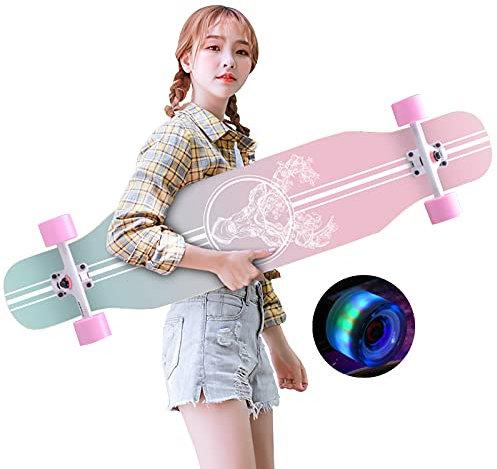 Skateboard Longboard 43 Cruiser Vollboard mit LED PU Rollen, 7 Lagen Ahorn Double Kick Concave Longboard mit Schutzausrüstung für Anfänger Kinder,Teen Jungen,Mädchen und Erwachsene (Rosa)