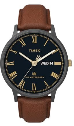 Timex TW2U88500 Waterbury Herren-Armbanduhr, 40 mm, blaues Zifferblatt, Rotguss-Gehäuse, braunes Lederarmband