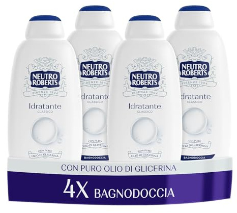 Neutro Roberts Bagnoschiuma Corpo Idratante con Glicerina Naturale, Azione Emolliente, Per una Pelle Idratata, Morbida e Protetta, Dermatologicamente Testato, 4 Flaconi da 600 ml
