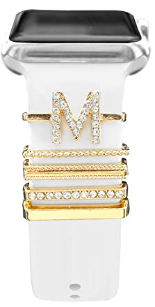 5 Pcs Breloques pour Bracelet Apple Watch 46mm 42mm 44mm 40mm 41mm 45mm 38mm 49mm Femme,Anneau Décoratif iWatch 10 9 8 7 6 5 4 3 SE/Galaxy Watch 7 6 5 4 Smart Watch Band Métal Brillant Accessoires