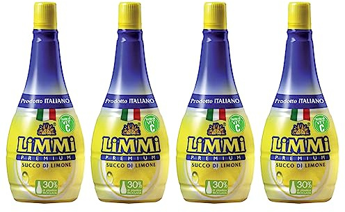 Succo naturale di limone di Sicilia Limmi, ideale per condimento, insalate, marinature di carne e pesce, dessert, cocktails e bevande, pack da 4 bottiglie da 200 ml