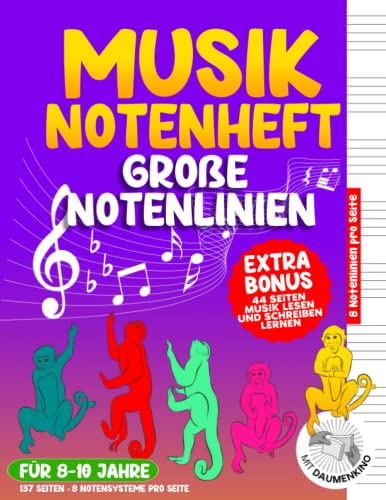 Notenheft für Kinder und Anfänger. 44 Seiten EXTRA BONUS. Noten lesen und schreiben lernen: Notenheft – Große Notenlinien: für Kinder und Schüler von ... Notenpapier | Großer Spiele- und Aufgabenteil