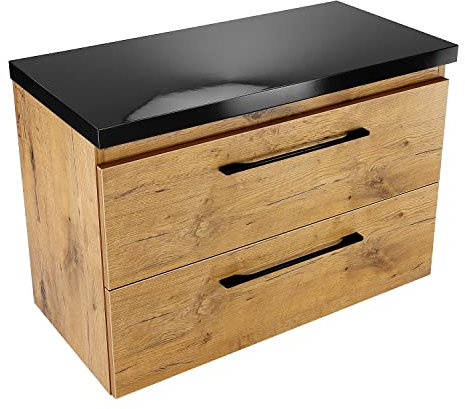 paplinskimoebel - Waschbeckenunterschrank mit Aufsatz 80 cm Breit Girona, Badezimmerschrank mit Arbeitsplatte, Unterschrank für Aufsatzwaschbecken, Waschtischunterschrank Holz - Eiche/Schwarz