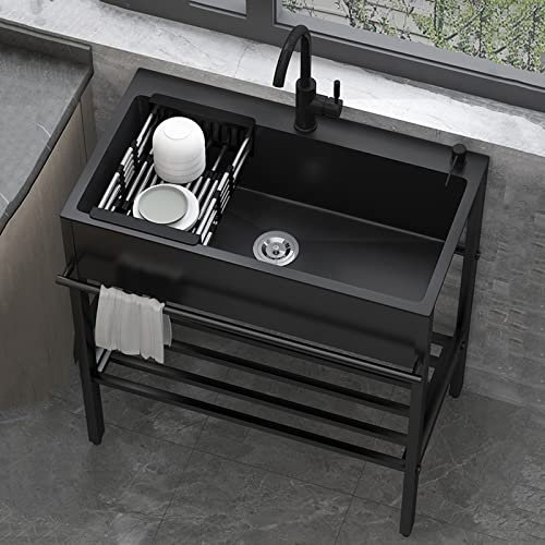 Spülbecken Edelstahl Waschbecken Ausgussbecken für Küche，Freistehende schwarze-Handwaschstation, kommerzielles Küchengericht Waschspülen 1 Fach mit Wasserhahn, für Garage, Restaurant, Zimmer, Innen (