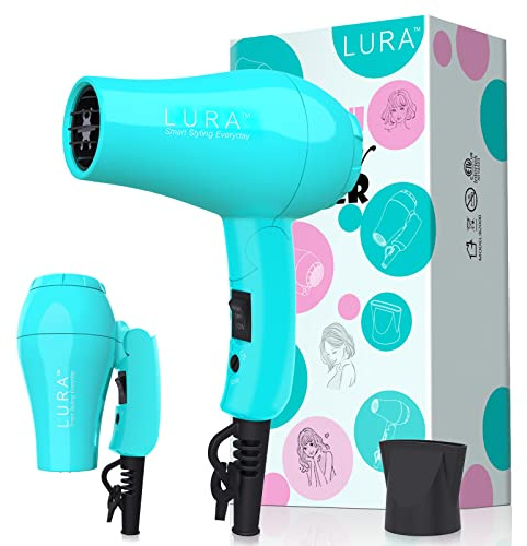 Portable Travel Hair Dryer, Mini Lightweight Dual Voltage Blow Dryer 1200W with Folding Handle, with One Concentrator (Blue)