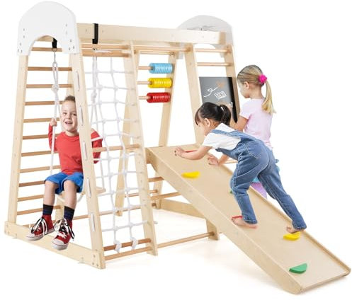 DREAMADE 7 in 1 Kletterspielzeug Set mit Schaukel Leiter Kletternetz Tafel Abakus, Spielturm Spielplatz, Indoor Klettergerüst aus Holz zum Klettern, für Kinder ab 3 Jahren (Natur)