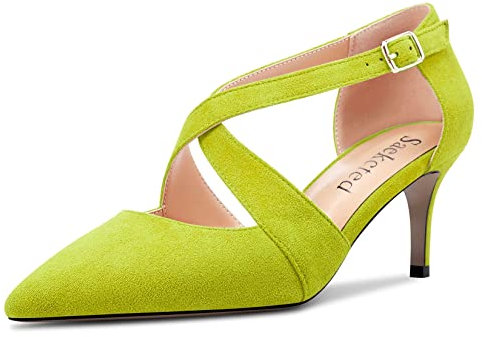 Saekcted Mujer Medio Aguja Heel Puntiaguada Punta Pumps Correa Tobillo Correa Cruzada Cierre con Hebilla Fiesta Dress Zapatos Verde Lima Ante 40 EU