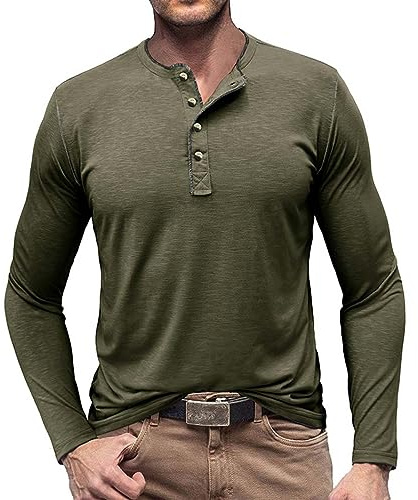 RQPYQF Camisetas Henley de Manga Larga para Hombre, Camisas Casuales con Botones Cuello Henley para Hombre CS05 Tamaño S-2XL (Verde Militar, XXL)