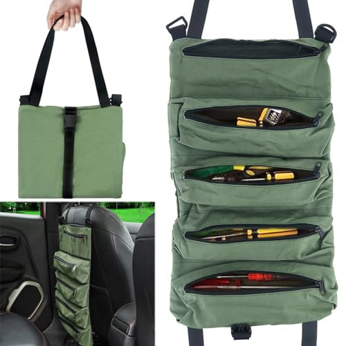 Canvas Schraubenschlüssel Werkzeugtasche Mehrzweck Rolltasche Werkzeug Rolltasche Roll Up Pouch Wrench Roll Up Bag Rolltasche Werkzeugtasche mit 5 Reißverschlusstaschen, für Handwerker/Elektriker,Grün