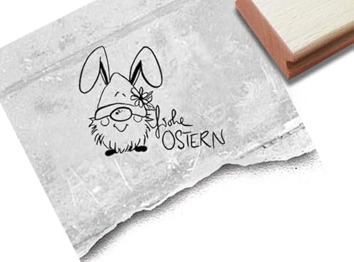 Stempel Frohe Ostern mit Wichtel - Süßer Osterstempel Gnom Wichtelstempel Osterwichtel - Ostergrüße Karten Osterdeko Basteln Tischdeko - zAcheR-fineT (groß ca. 46 x 37 mm)