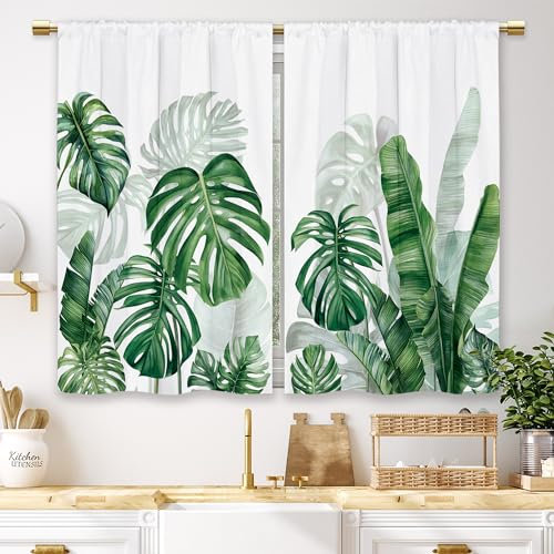 Laifzere Cortinas de Cocina con Hojas Tropicales, Plantas Verdes, botánicas, pequeñas Cortinas de Ventana de café, Hojas de Monstera, Palmera, Cortinas de baño, Cortinas de Nivel de Tratamiento, 2