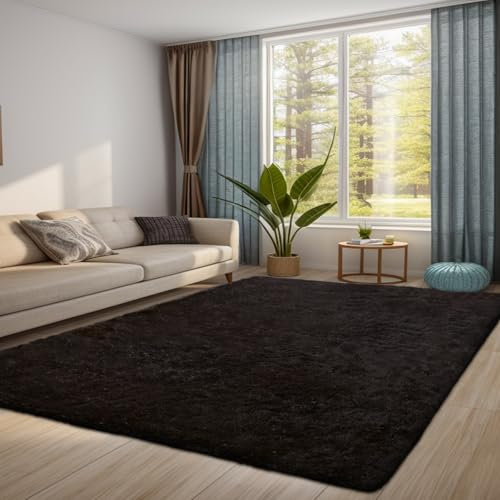 QUINZI Teppich Wohnzimmer Schlafzimmer weicher zotteliger Teppich moderner Flauschiger Teppiche Rutschfester waschbarer (Schwarz, 80x160cm)