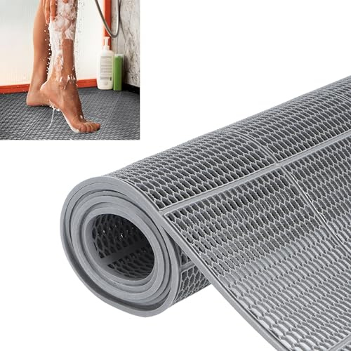 MYOYAY Dräneringsmatta, 4 mm tjock, 90 x 300 cm, halkfri duschmatta, kommersiell halkmatta, PVC nät dräneringsmatta, perforerad, ihålig matta, gummimatta för kök, pool, grå