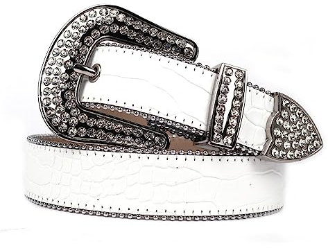 Luxuriöser Diamant-Nietengürtel, modisch, lässig, für Erwachsene, Strass-Bund, Kristallschnalle, glitzernd, einfarbiger Gürtel, weiß, 46(waist35-37inch)