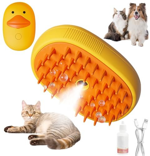katzenbürste mit dampf, 3-in-1-Dampfbürste für Katzen, Katzen Bürste mit Dampf, Katzenbürste mit Wasser Tank, Dampfbürste Hund für Massage, Pflege und Haarentfernung (Gelb + Essenz 20ml)