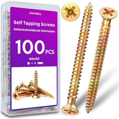 ANVINKU M4 x 50mm Wood Screws 100PCS, Countersunk Screws for Wood, Color Zinc M4 Self Tapping Screw for Furniture Repairs