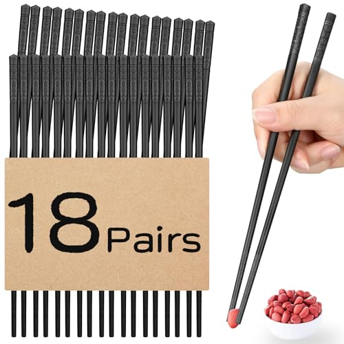 NEWDRIP - 18 paia di bacchette in fibra di vetro, riutilizzabili, lavabili in lavastoviglie, bacchette giapponesi cinesi per casa e ristorante, antiscivolo, 24,1 cm, colore nero