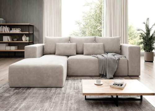 Easy4You Ecksofa Creme Stripes L-Form in Kord – 255 cm - Schlafsofa mit Bettzeugbehälter und Schlaffunktion - Eckcouch mit Stauraum - Links – Stoff Kord POSO 100