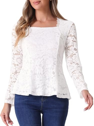 Allegra K Top Pizzo Donna Collo Quadrato Maniche Lunghe Elegante Camicetta Casual Peplo Bianca L