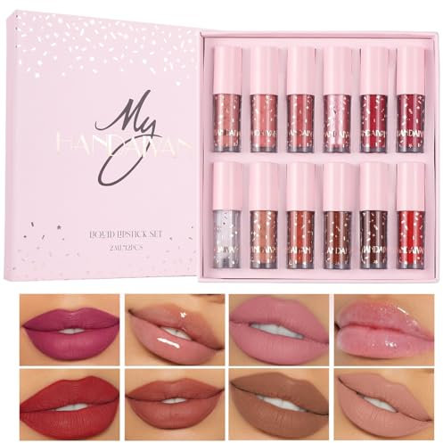 12Pcs Matte Flüssige Lippenstift Make-up Set Nude Samt Matte Langanhaltende Wasserdichte Non-Stick Cup Nicht verblassen Rosa Lipgloss Hochglanz Lippe Plumping Glas Finish Lippenstift Make-up Set