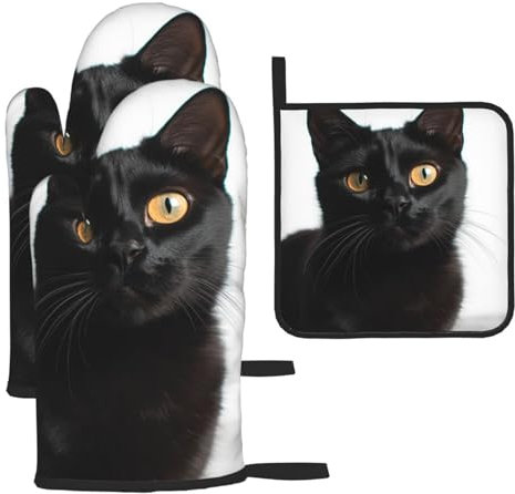 Lot de 3 gants de cuisine et maniques résistants à la chaleur - Gants de cuisine et coussinets chauds - Noir - Motif chat mignon - Gants de cuisine antidérapants pour la cuisine, la pâtisserie, le