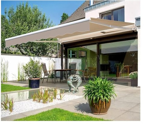 JMORCO Klemmmarkise Terrassenüberdachung for den Außenbereich, 10'×8' Manuell einziehbarer Sonnenschutz mit manueller Kurbel, Überdachungszelt zur Wandmontage(Beige)